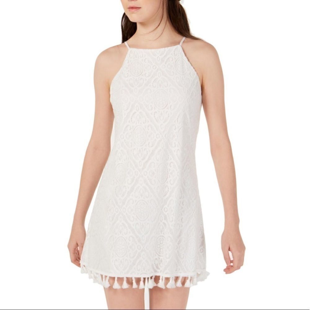 Speechless Juniors' Allover-Lace Tassel-Hem Dress